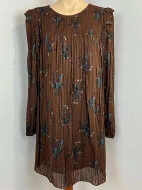 Wilfred Brown Floral Long-Sleeve Pleated Shift Dress